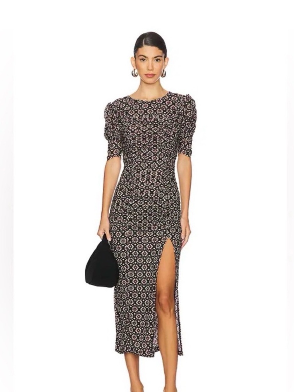 Free People Briella Ruched Black Floral Puff-Sleeve Midi Dress with  Side Slit